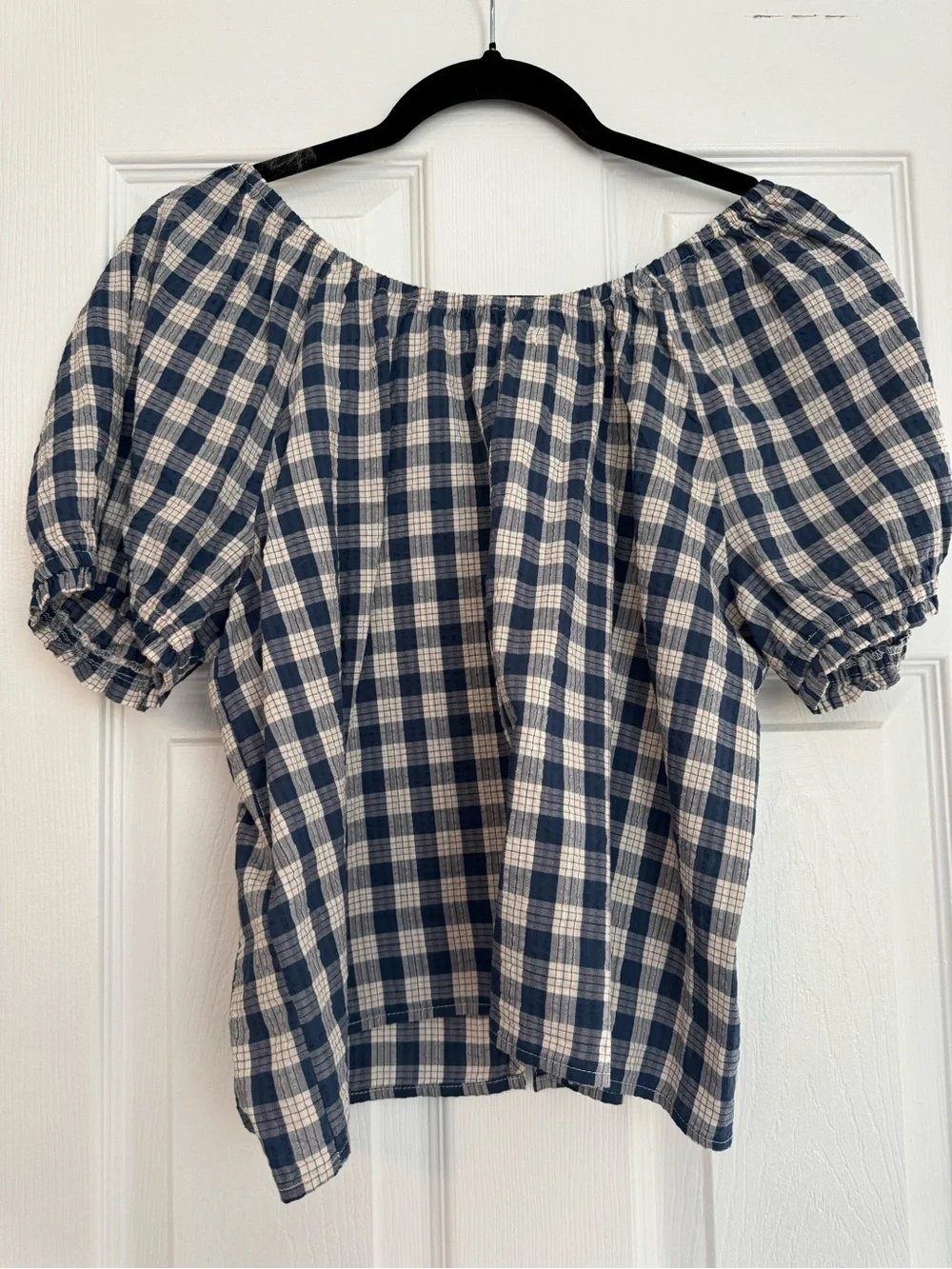Abercrombie & Fitch Navy and White Plaid Peasant Blouse